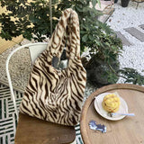 Leopard Cow Pattern Retro Handheld Shopping Bag Soft Fluffy Large Capacity