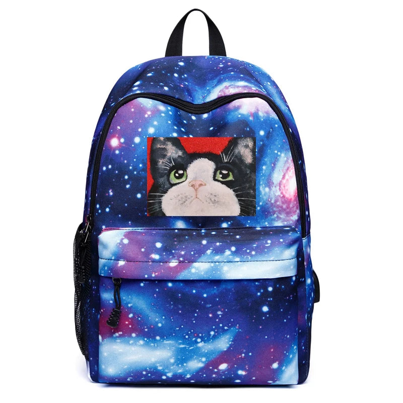 Cat Dog Galaxy Waterproof Rucksack Oxford Bag USB Charging Travel Backpack