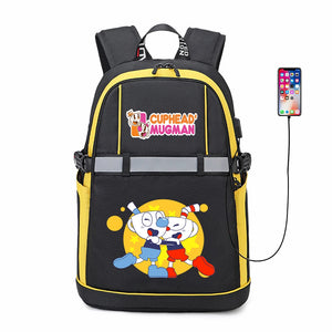 Anime Cuphead Oxford USB Backpack Cartoon Travel Schoolbag