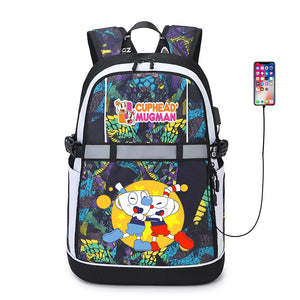 Anime Cuphead USB Backpack Student Schoolbag Travel Laptop Bag