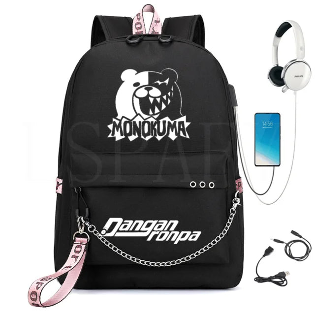 Danganronpa Backpack USB Port Monokuma School Bag Bear Pattern Teenagers Book Tr