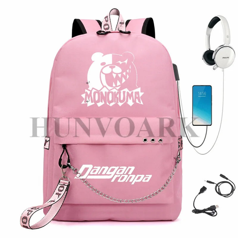 Danganronpa Monokuma Nagito Komaeda USB Charge Backpack School Travel Bag