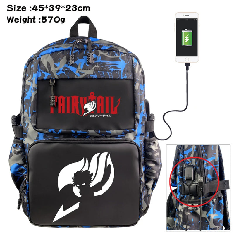 Fairy Tail Nylon Backpack USB Schoolbag Travel Laptop Bag