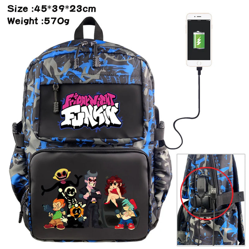 Anime Friday Night Funkin Nylon Backpack USB Schoolbag Laptop Bag
