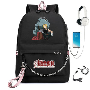 Anime FMA Backpack USB Headphone Teen Student School Bag Travel Laptop Rucksack