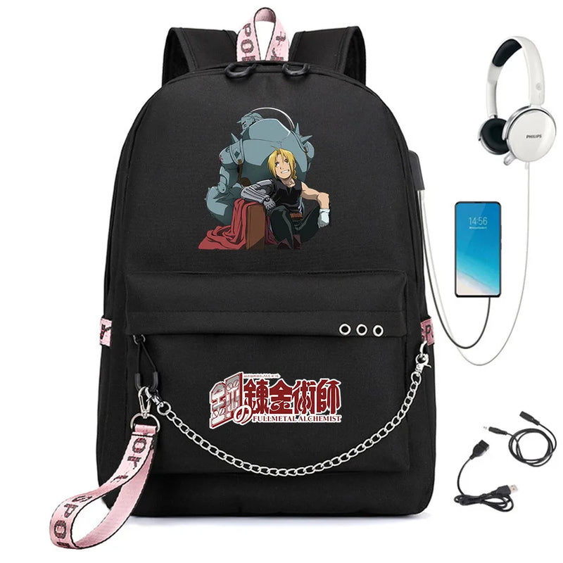 Anime FMA Backpack USB Headphone Teen Student School Bag Travel Laptop Rucksack