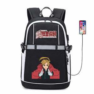 Anime Fullmetal Alchemist Oxford USB Backpack Reflective Stripe Zipper Schoolbag