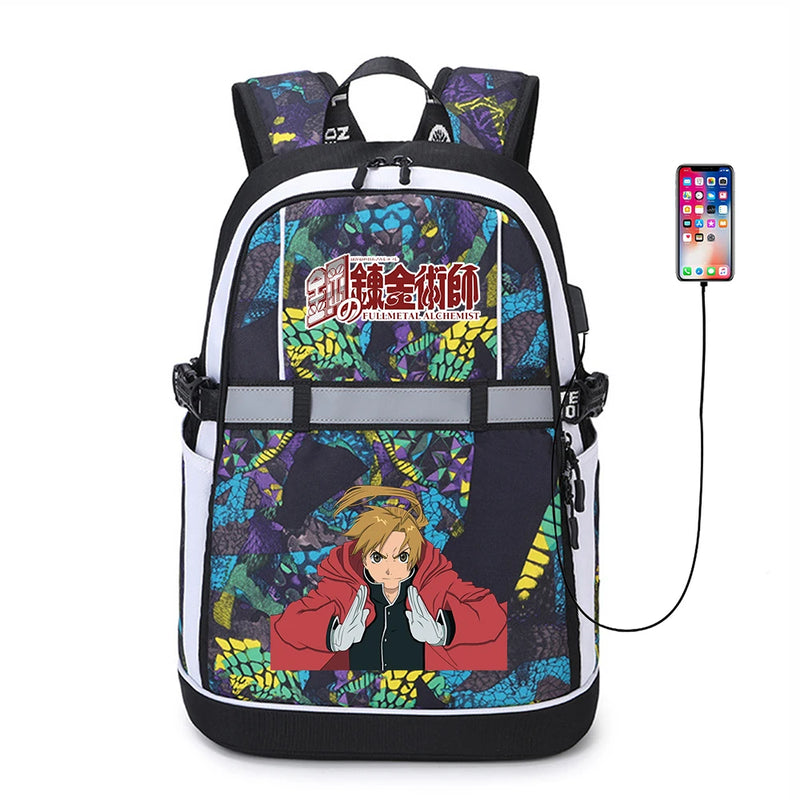 Anime Fullmetal Alchemist Zipper USB Backpack Teenger Oxford Reflective Stripe