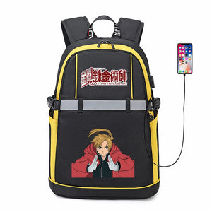 Anime Fullmetal Alchemist Zipper USB Backpack Teenger Oxford Reflective Stripe