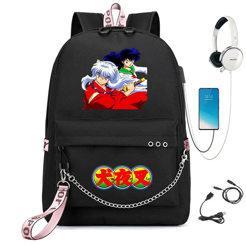 Inuyasha Nylon Backpack Schoolbag USB Charge Teen Travel Laptop Bag