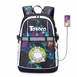 Anime Totoro Oxford USB Backpack Reflective Stripe Zipper Bookbag