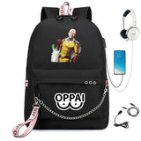 Anime One Punch-Man Backpack USB Charging Headphone Teens Student Schoolbag