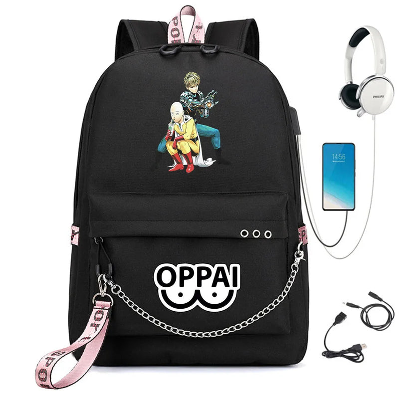 Anime One Punch-Man Backpack USB Charging Headphone Teens Student Schoolbag