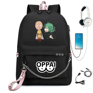 Anime One Punch-Man Backpack USB Charging Headphone Teens Student Schoolbag