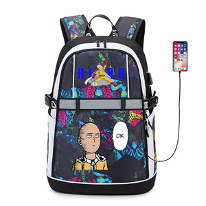One Punch Man Student USB Backpack Reflective Stripe Bookbag