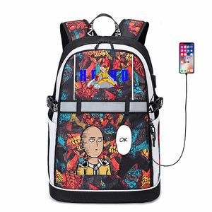 One Punch Man USB Backpack Reflective Stripe Zipper Student Bookbag