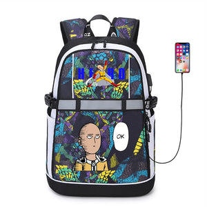 One Punch Man USB Backpack Student Reflective Stripe Zipper Bookbag