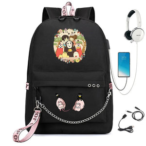 Anime Spirited Away Backpack USB Charging Headphone Teenagers Student Schoolbag