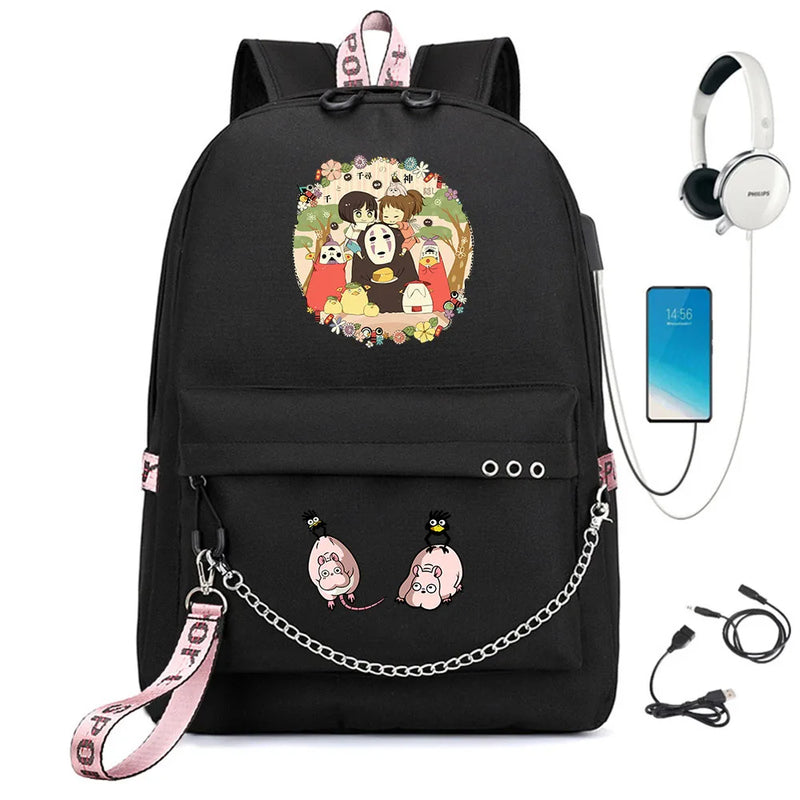 Anime Spirited Away Backpack USB Charging Headphone Teenagers Student Schoolbag