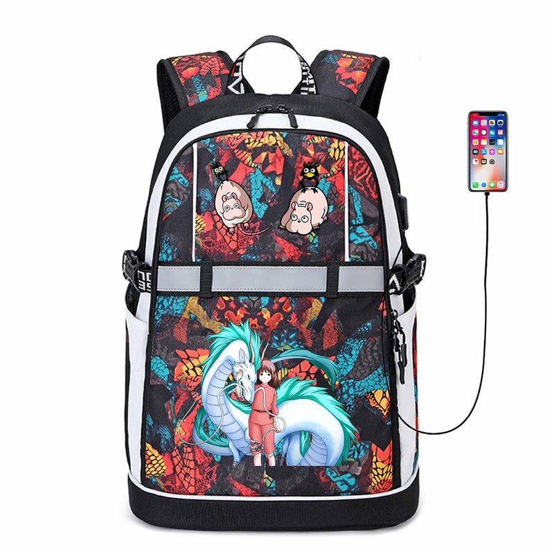 Spirited Away Cartoon USB Backpack Reflective Stripe Teenger Bookbag