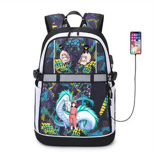 Spirited Away Cartoon USB Backpack Reflective Stripe Teenger Bookbag