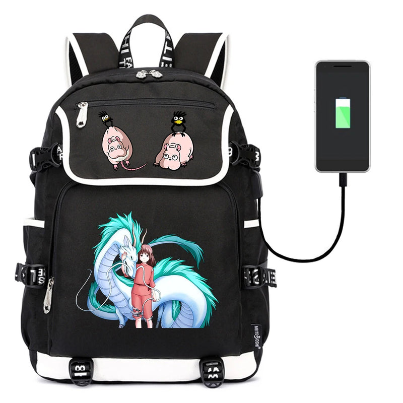 Anime Spirited Away Print Backpack USB Charging Knapsack