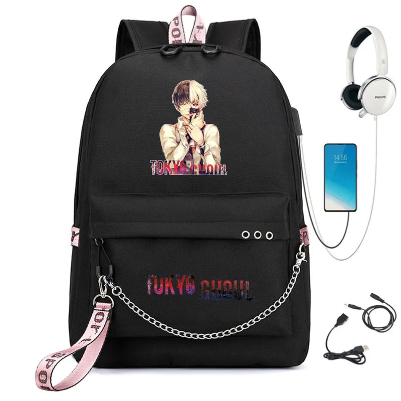 Tokyo Ghoul Nylon Backpack USB Charge Schoolbag Cartoon Teenger Travel Laptop Ba