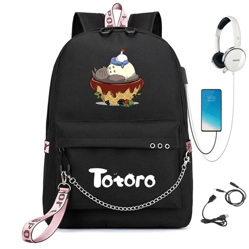 Anime Totoro Nylon Backpack Schoolbag USB Charge Teenger Travel Laptop Bag