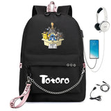 Anime Totoro Print Backpack USB Charging Headphone Zipper Cart
