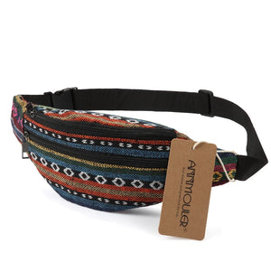 Annmouler Bohemian Style Women Waist Bag Double Zipper Belt Pouch