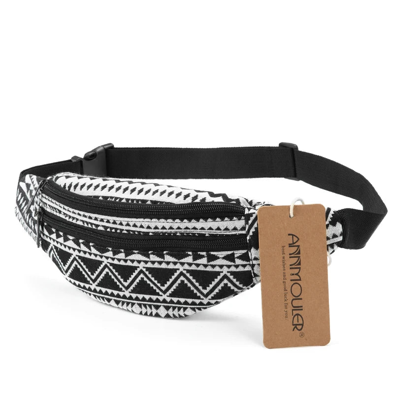 Annmouler Bohemian Style Women Waist Bag Double Zipper Belt Pouch