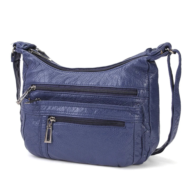 Women Leather Crossbody Bag Soft Patchwork Shoulder Bag Multi-pockets M