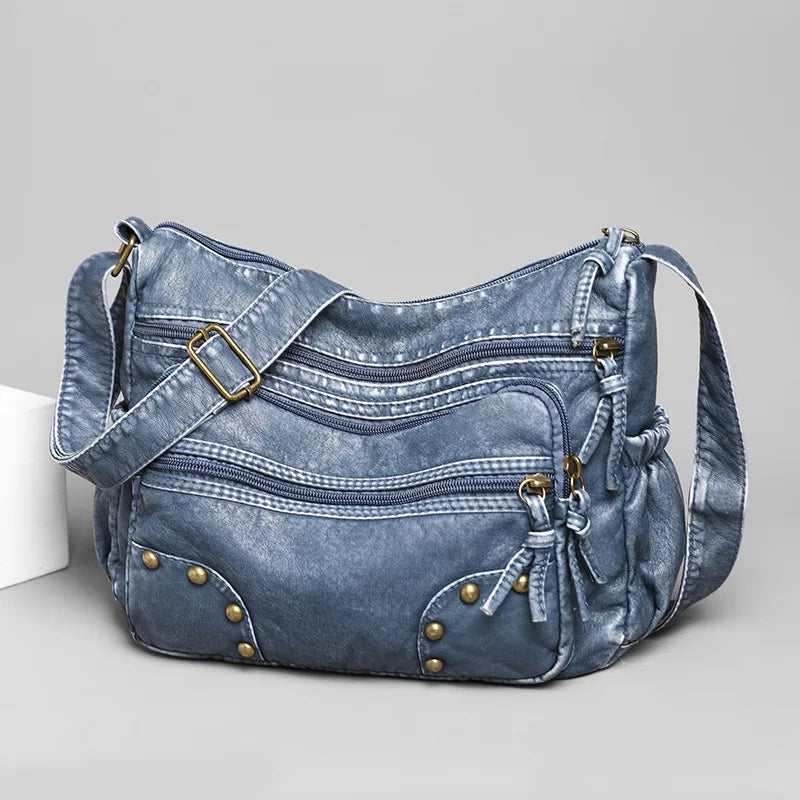 Vintage Soft Leather Crossbody Bag with Rivet Detail