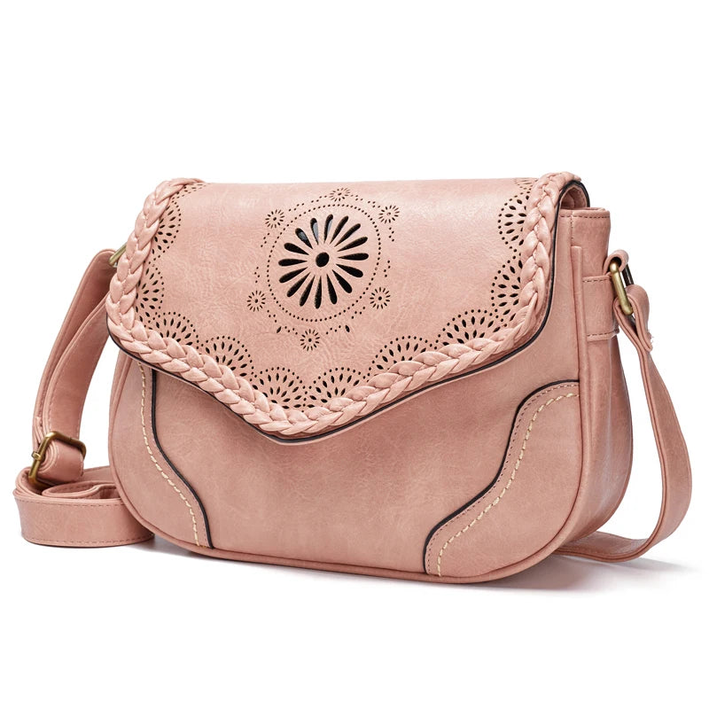 Vintage PU Leather Crossbody Shoulder Bag Hollow Out Satchel Totes