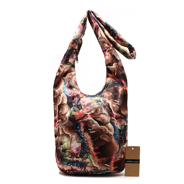 Vintage Elephant Print Hobo Bag Cotton Fabric Women Shoulder Bag