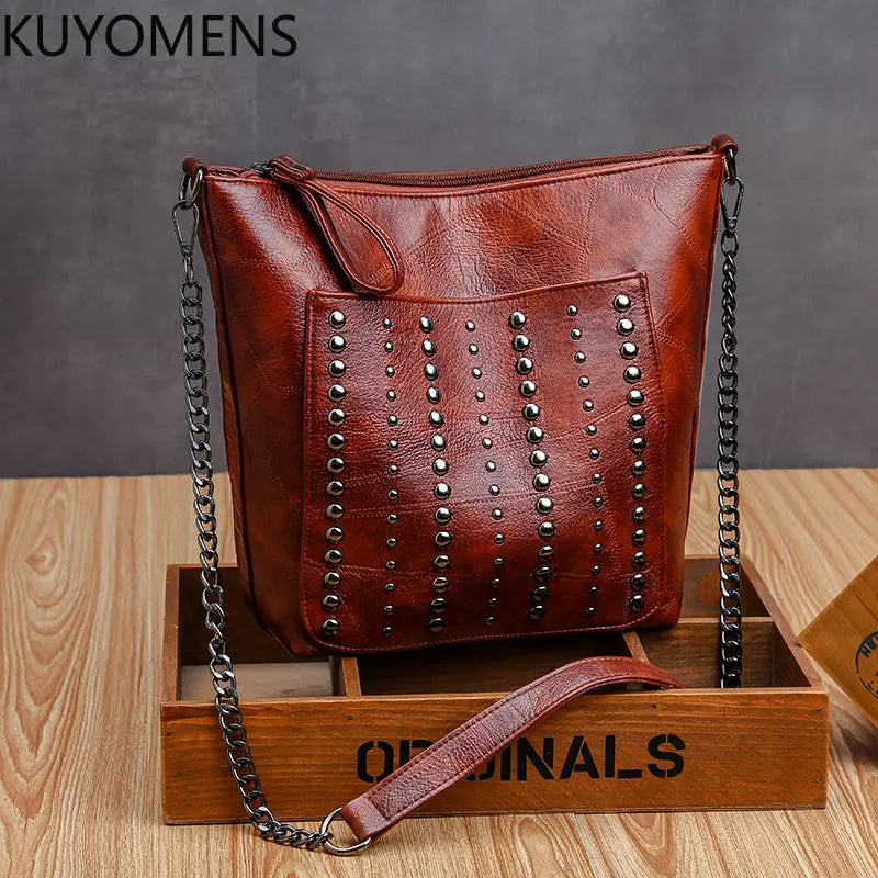 Annmouler Vintage Shoulder Bag Rivet Bucket Bag Brown Crossbody Bag