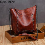 Annmouler Vintage Shoulder Bag Rivet Bucket Bag Brown Crossbody Bag