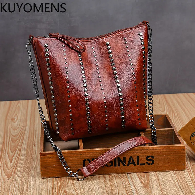 Annmouler Vintage Shoulder Bag Rivet Bucket Bag Brown Crossbody Bag
