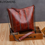 Annmouler Vintage Shoulder Bag Rivet Bucket Bag Brown Crossbody Bag
