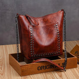 Annmouler Vintage Shoulder Bag Rivet Bucket Bag Brown Crossbody Bag