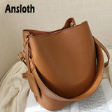 High Capacity Bucket Bag Wide Strap Shoulder Bags PU Leather Women Bags