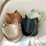 High Capacity Bucket Bag Wide Strap Shoulder Bags PU Leather Women Bags