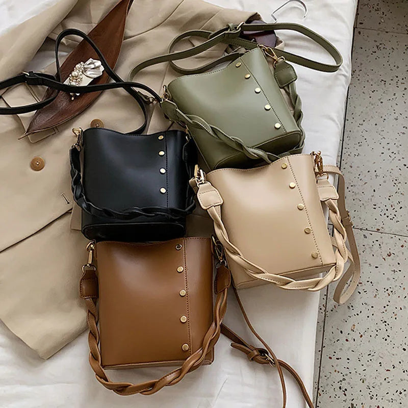 Vintage Rivet Bucket Bag Soft Leather Crossbody Shoulder Bag HPS952