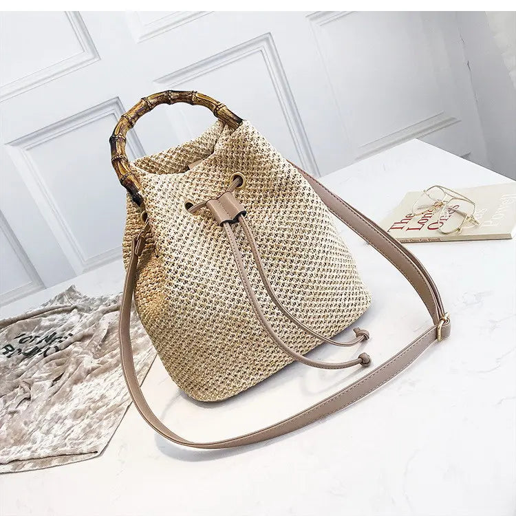 Women's Rattan Beach Straw Bucket Bag Handbag