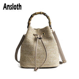 Women's Rattan Beach Straw Bucket Bag Handbag
