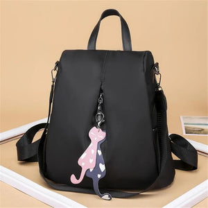 Anti-theft Nylon Backpack Large Daypack for Women with Cat Pendant