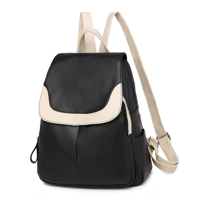 Soft Leather Backpack Patchwork Shoulder Bag Large Capacity School Bags