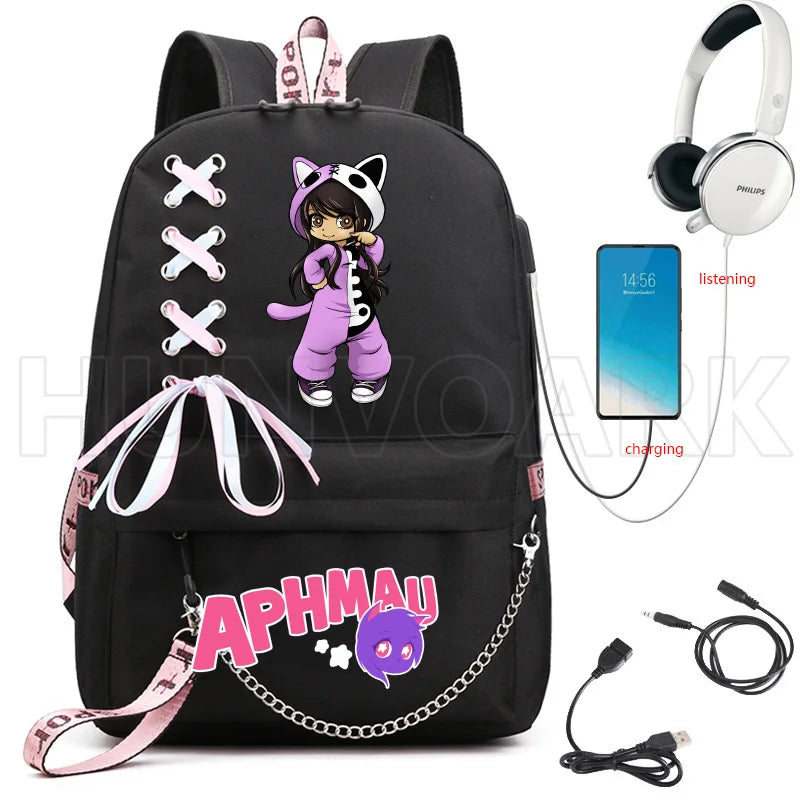Aphmau Backpack USB Charging Laptop Backpack High School Bag