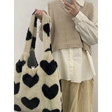 Faux Fur Love Heart Print Shoulder Bag Soft Plush Handbag Shopper Bag