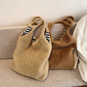 Japanese Plush Shoulder Bag Bear Embroidery Handbags